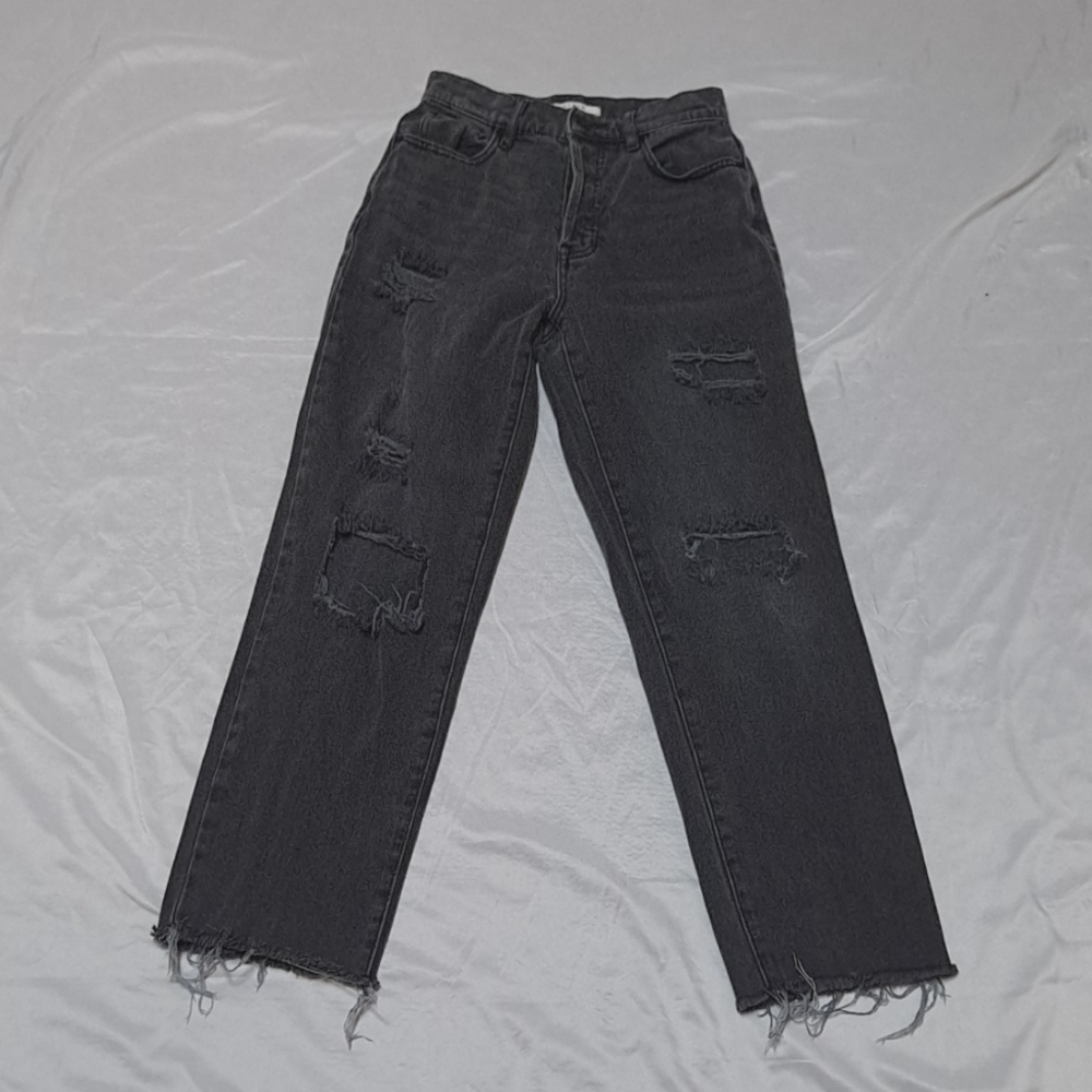Pacsun High Rise Straight Leg Button Fly Heavy Distressed Black Jeans